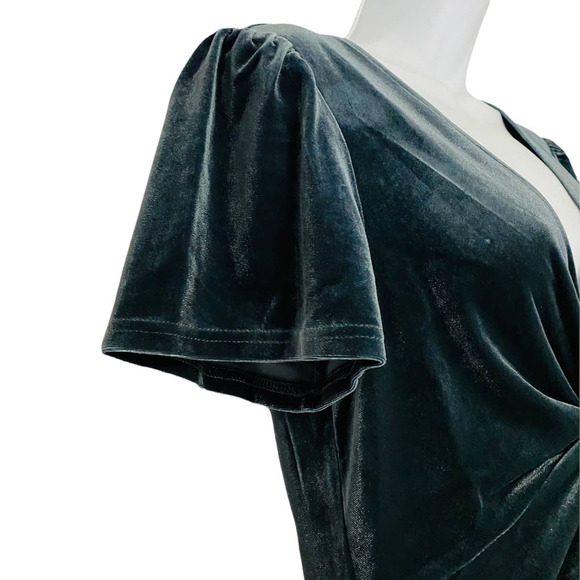 Aqua Blue-Gray Velvet Shimmer Stretch Deep V-Neck Plunge Cocktail Party Dress - Picture 8 of 13